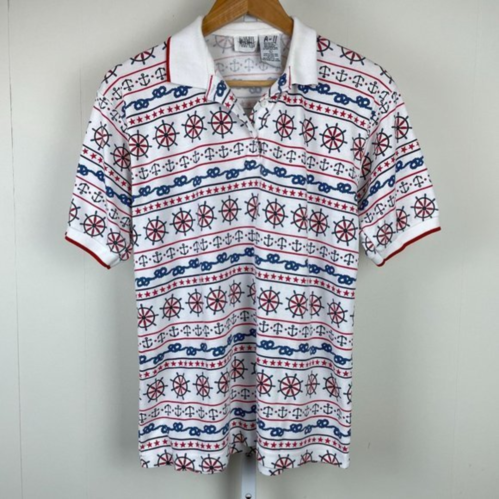 Vintage Jason Maxwell Polo Shirt Nautical Boat Ship Red‎ White Blue Womens Large
